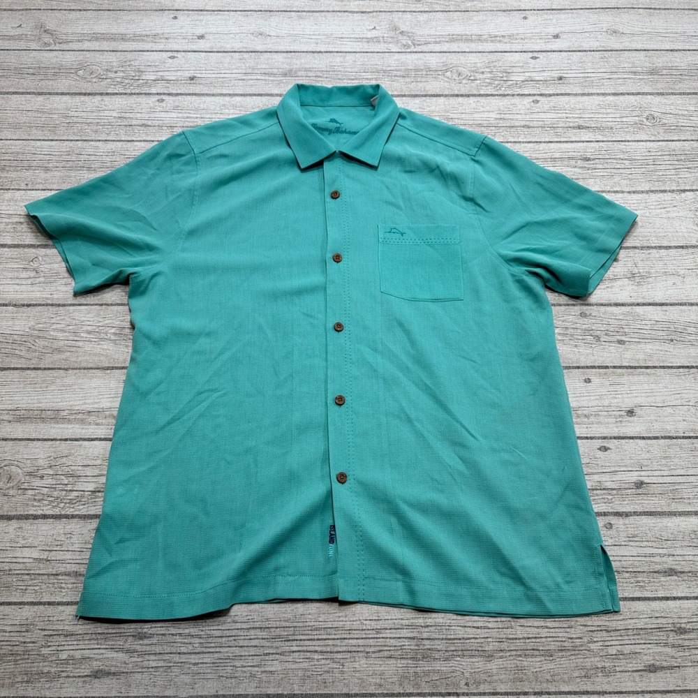 Tommy Bahama Shirt Men's Large Teal Silk Blend Short Sleeve Button Down Summer